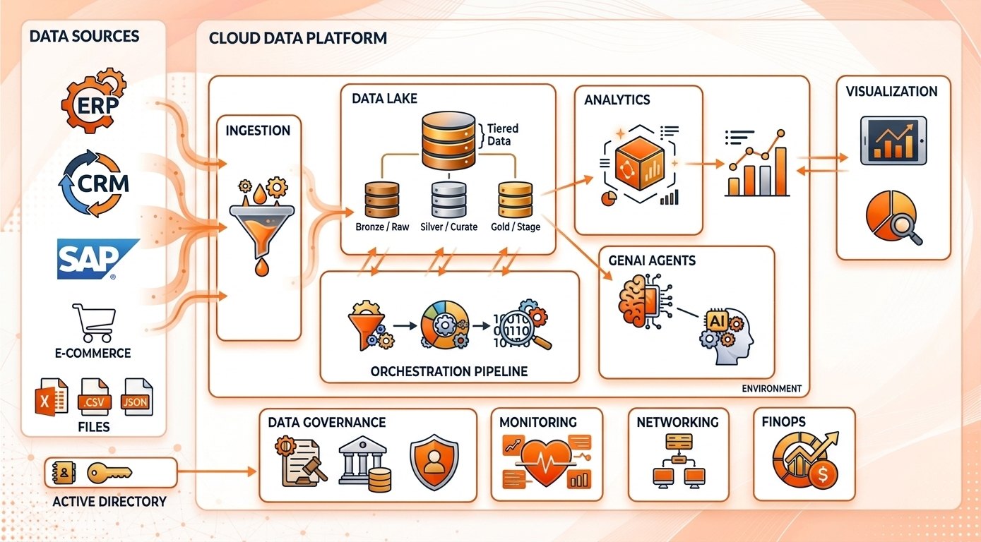 Arquitectura de referencia de Scitis: fuentes de datos, ingesta, data lake por capas bronce, plata y oro, analítica, agentes de IA y visualización, con gobierno, monitoreo, redes y FinOps como capas transversales.