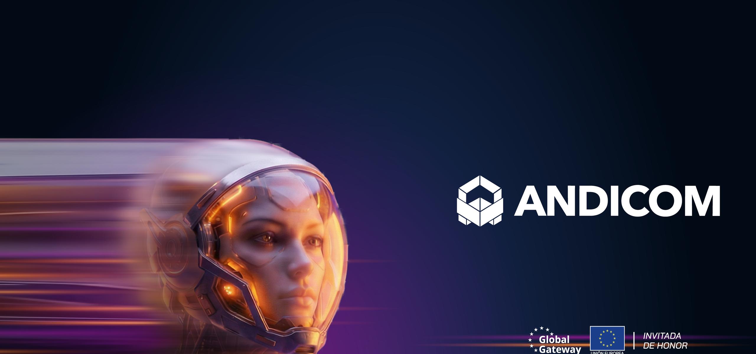 Gráfico oficial de ANDICOM 2026: «Unleashing the Power of AI», del 1 al 4 de septiembre en el Complejo Las Américas y el Hotel Faranda Collection, Cartagena, Colombia. Un congreso de CINTEL, con la Unión Europea como invitada de honor.